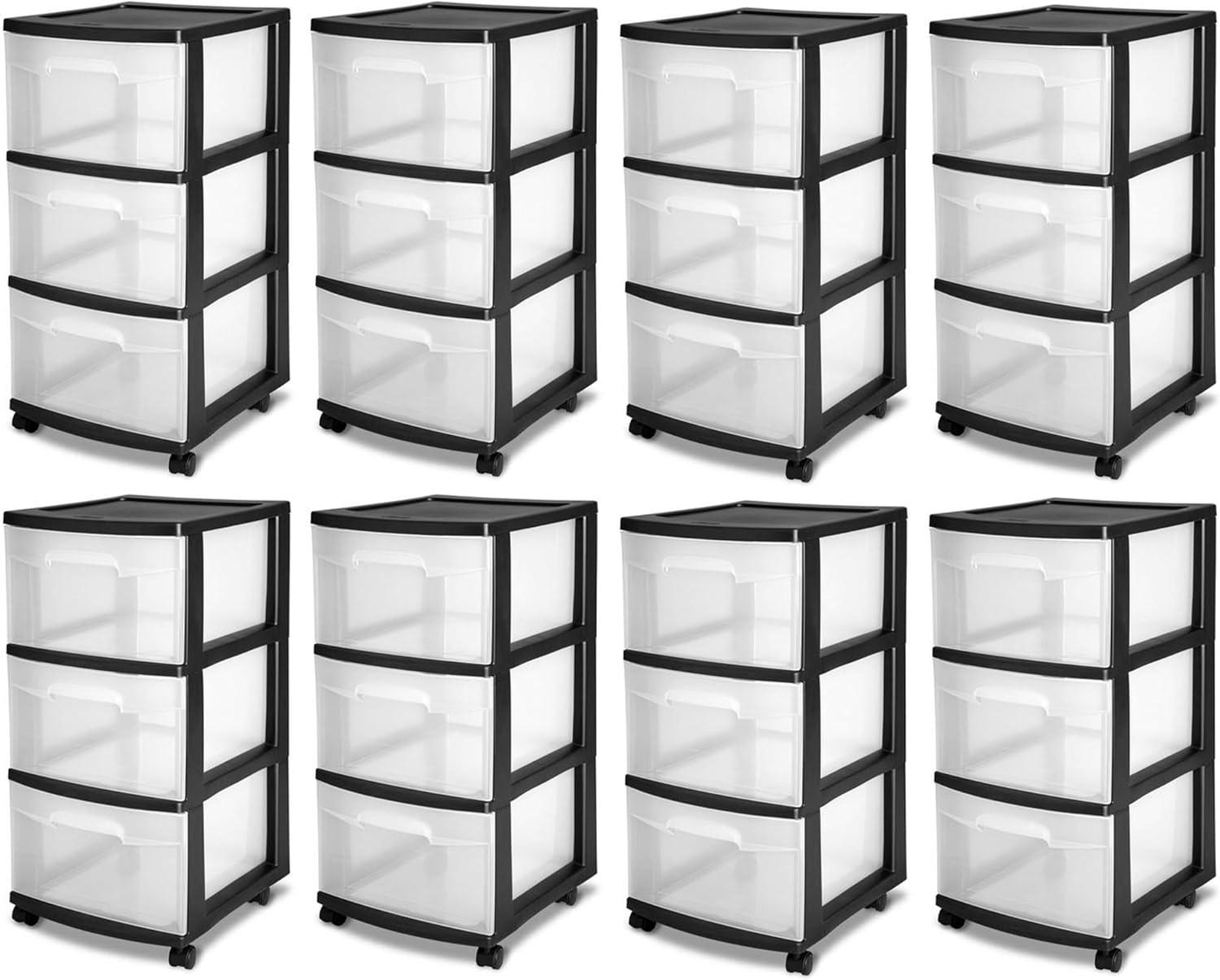 imageSterilite 2 Pack Plastic Storage Organizer 3 Drawer Rolling Bin Cart Closet Organization WhiteBlack