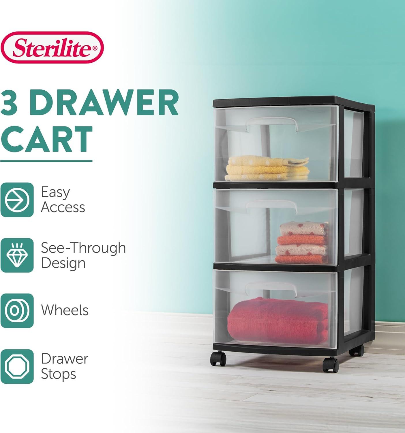 imageSterilite 2 Pack Plastic Storage Organizer 3 Drawer Rolling Bin Cart Closet Organization WhiteBlack