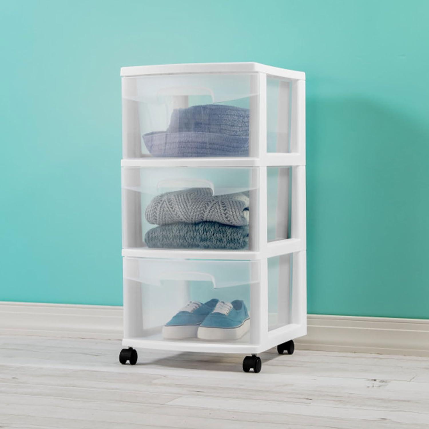 imageSterilite 2 Pack Plastic Storage Organizer 3 Drawer Rolling Bin Cart Closet Organization WhiteWhite