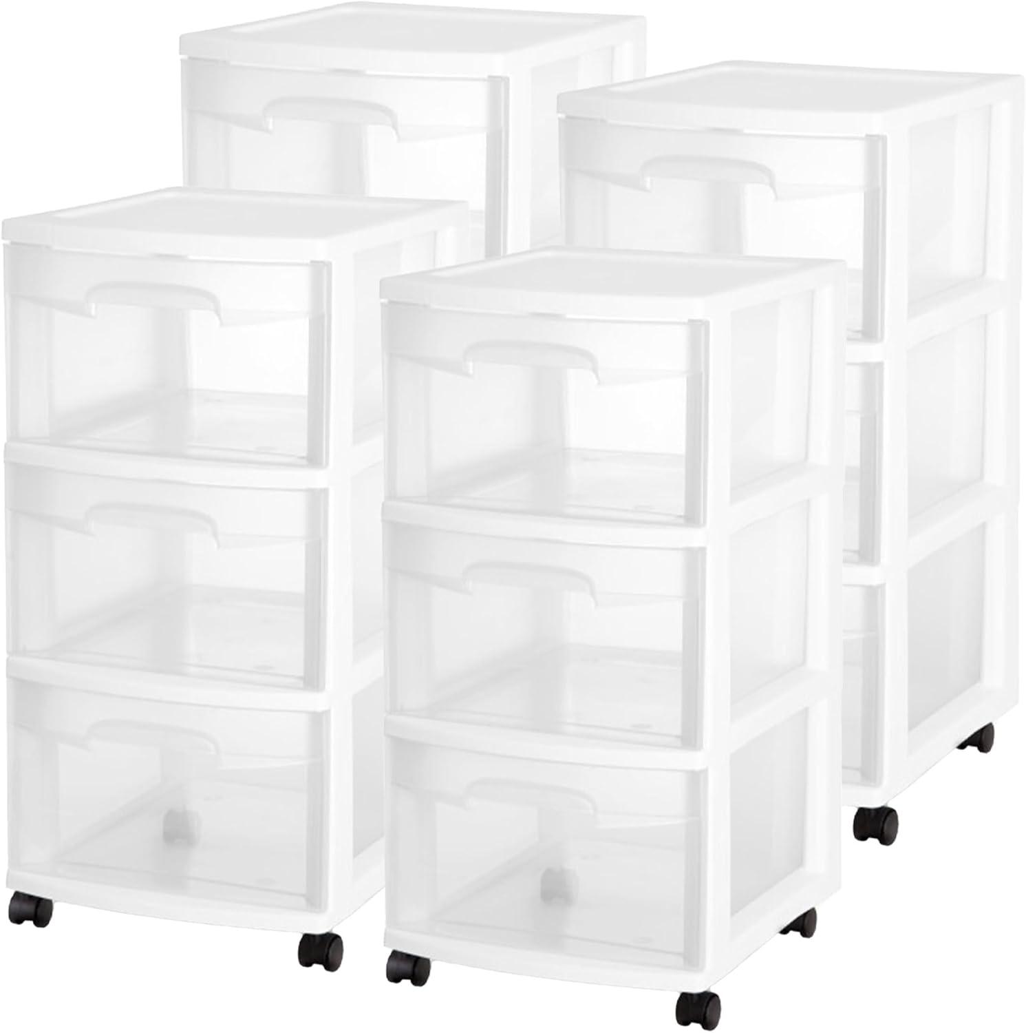 imageSterilite 2 Pack Plastic Storage Organizer 3 Drawer Rolling Bin Cart Closet Organization WhiteWhite