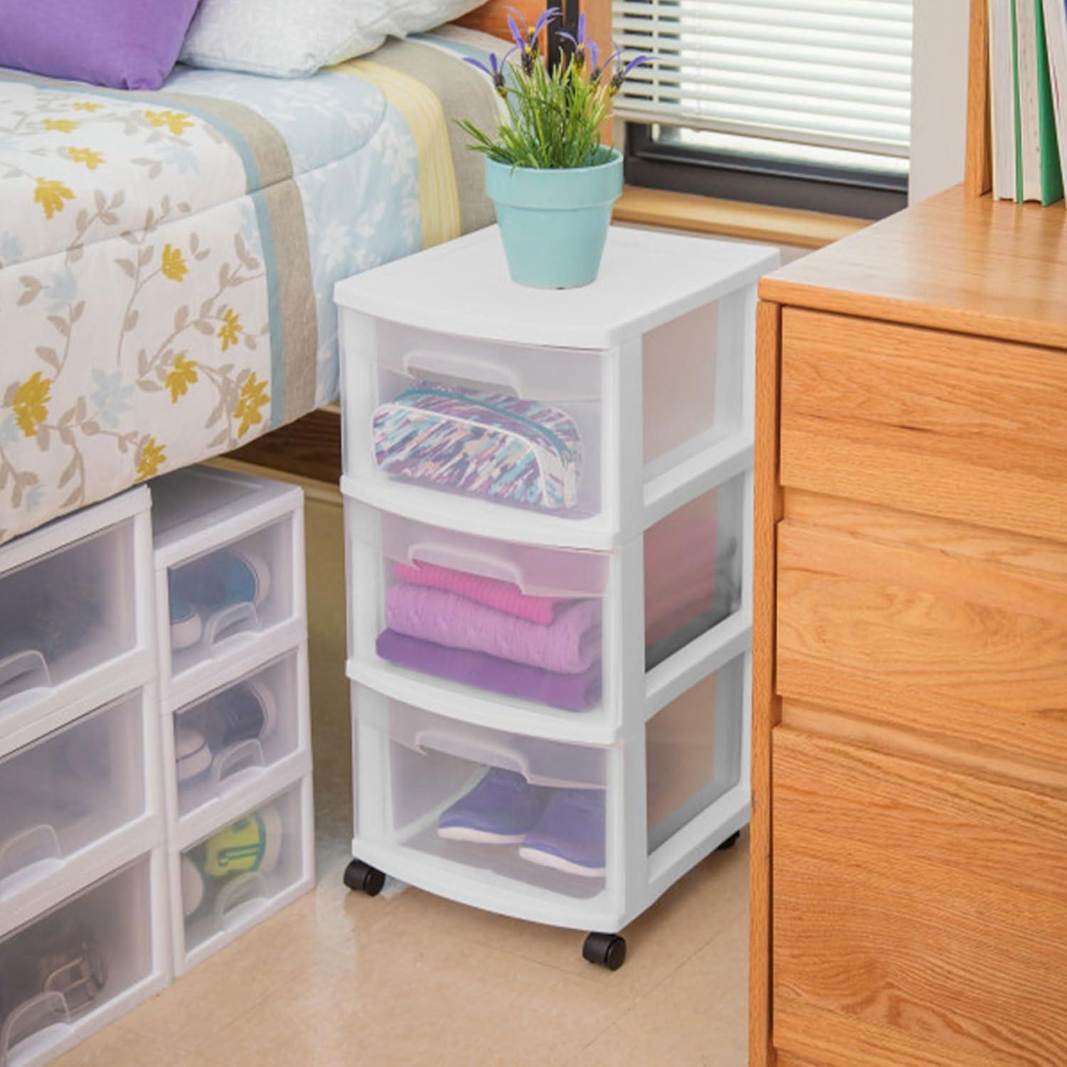 imageSterilite 2 Pack Plastic Storage Organizer 3 Drawer Rolling Bin Cart Closet Organization WhiteWhite