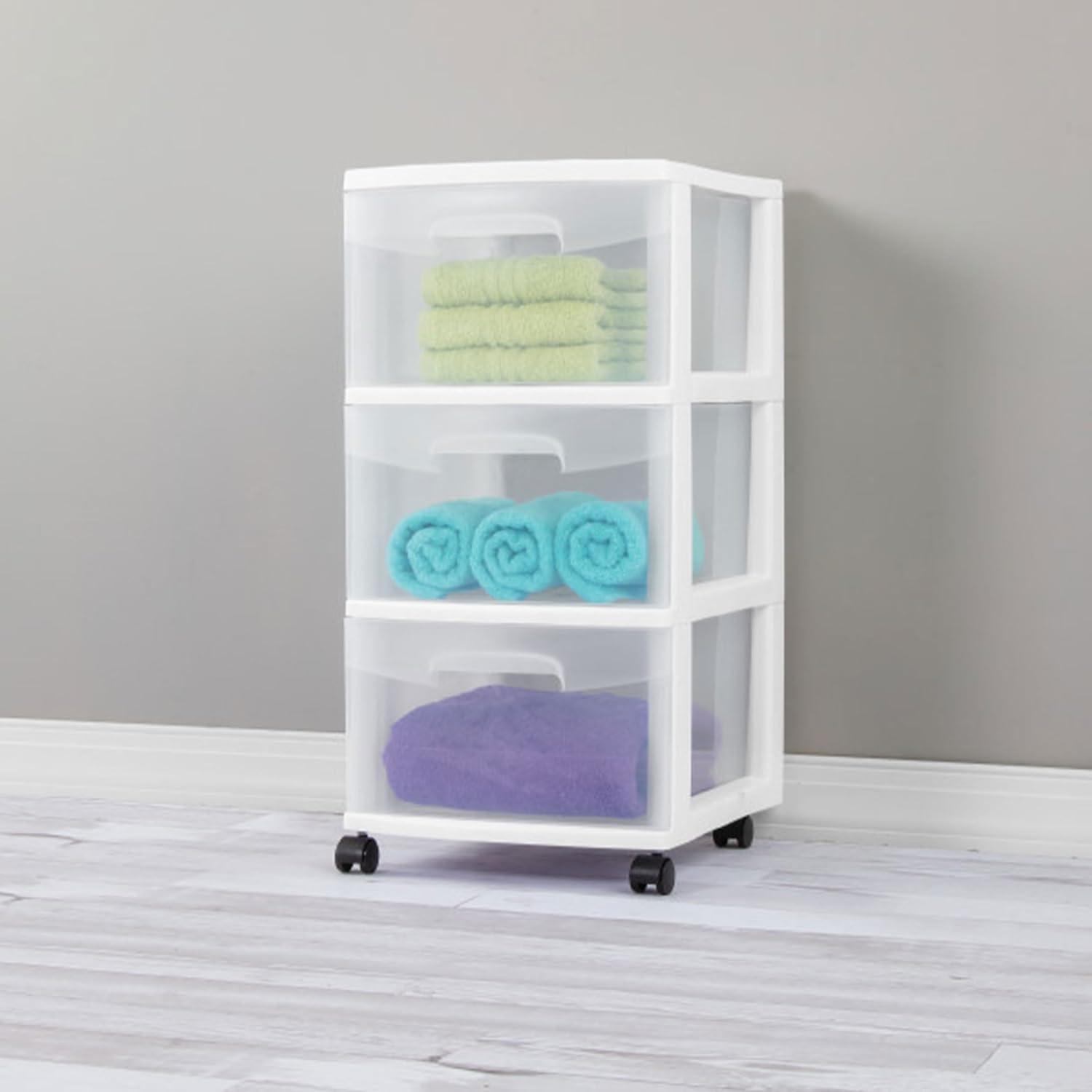 imageSterilite 2 Pack Plastic Storage Organizer 3 Drawer Rolling Bin Cart Closet Organization WhiteWhite
