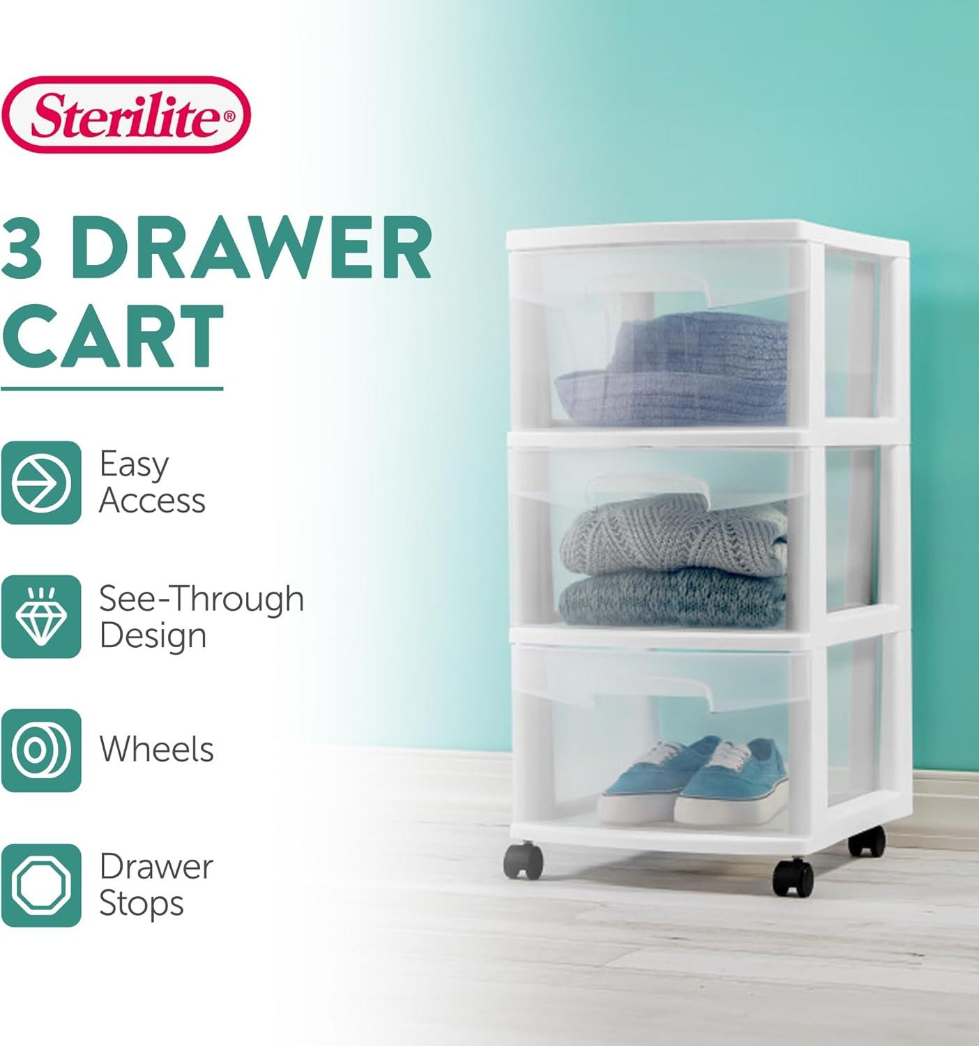 imageSterilite 2 Pack Plastic Storage Organizer 3 Drawer Rolling Bin Cart Closet Organization WhiteWhite