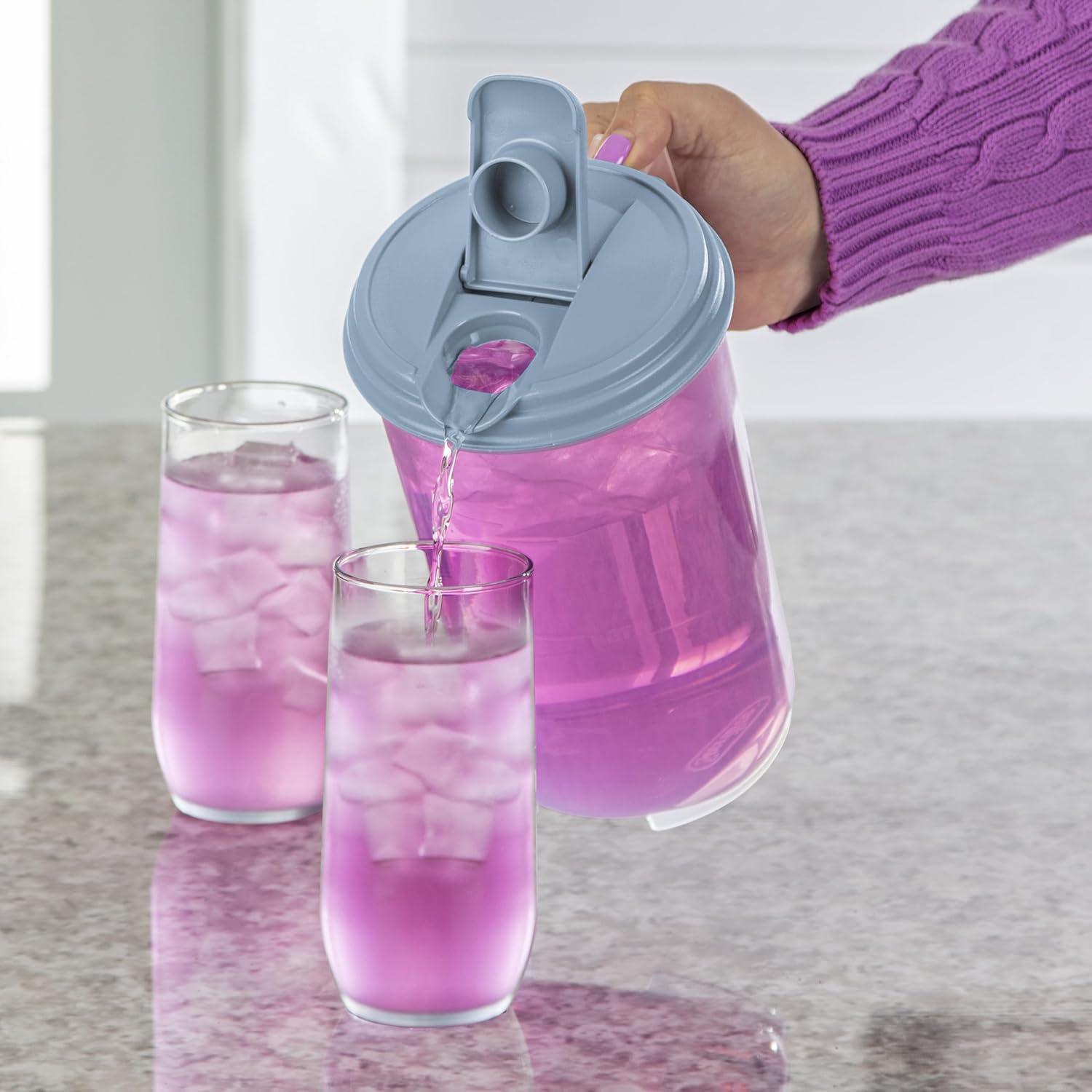 imageSterilite 2 Qt Round Pitcher Spout and Handle for Easy Pouring of Water or Juice Plastic Dishwasher Safe Clear wBlue Lid 6Pack