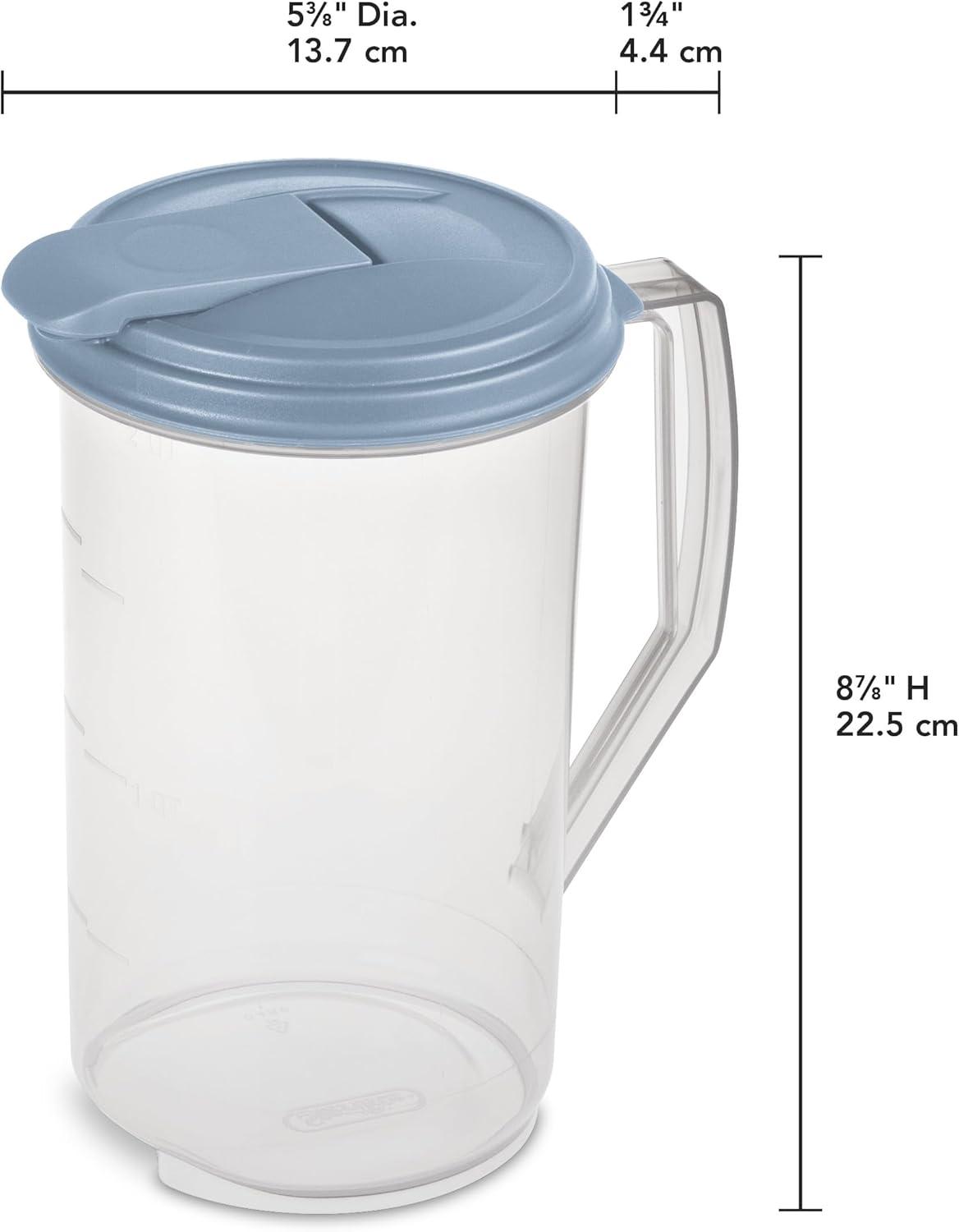imageSterilite 2 Qt Round Pitcher Spout and Handle for Easy Pouring of Water or Juice Plastic Dishwasher Safe Clear wBlue Lid 6Pack
