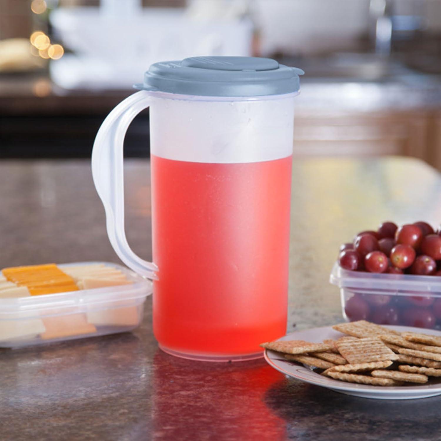 imageSterilite 2 Qt Round Pitcher Spout and Handle for Easy Pouring of Water or Juice Plastic Dishwasher Safe Plastic Clear with Teal Lid 12Pack12 Pack