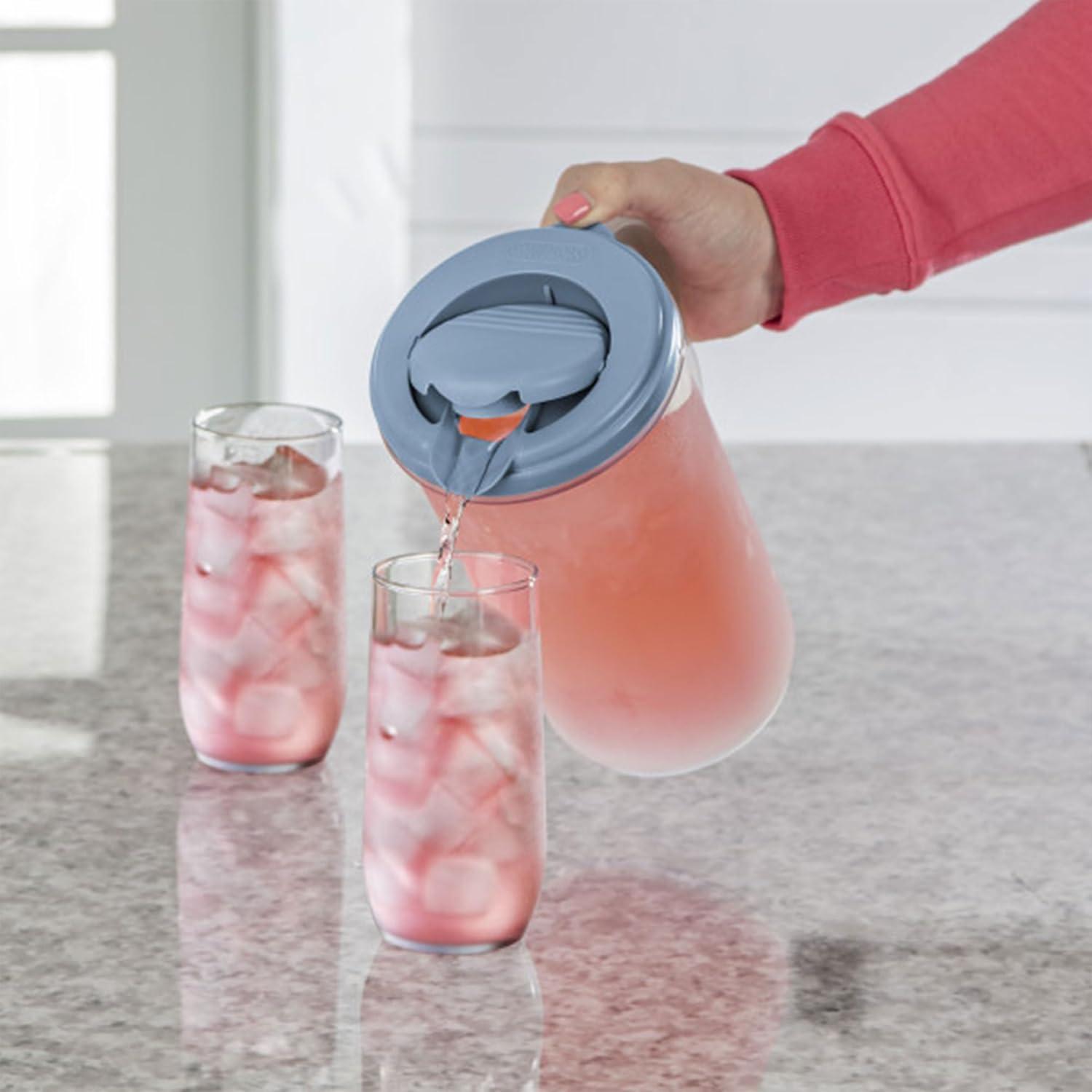 imageSterilite 2 Qt Round Pitcher Spout and Handle for Easy Pouring of Water or Juice Plastic Dishwasher Safe Plastic Clear with Teal Lid 12Pack6 Pack