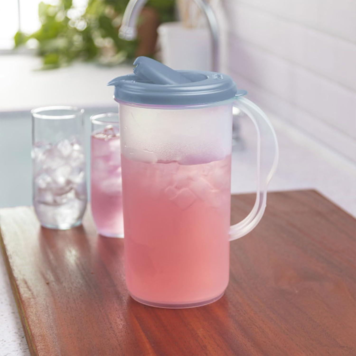 imageSterilite 2 Qt Round Pitcher Spout and Handle for Easy Pouring of Water or Juice Plastic Dishwasher Safe Plastic Clear with Teal Lid 12Pack6 Pack