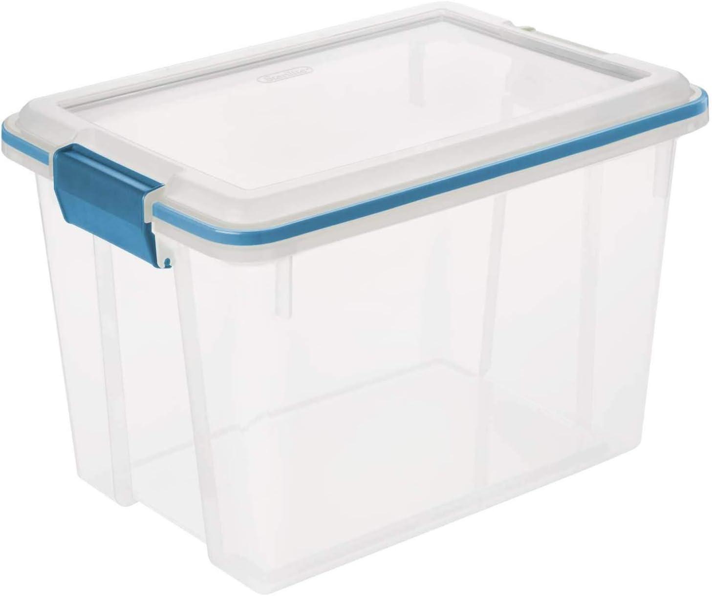 imageSterilite 20 Qt Gasket Box Stackable Storage Bin with Latching Lid and Tight Seal Plastic Container to Organize Basement Clear Base and Lid 6Pack