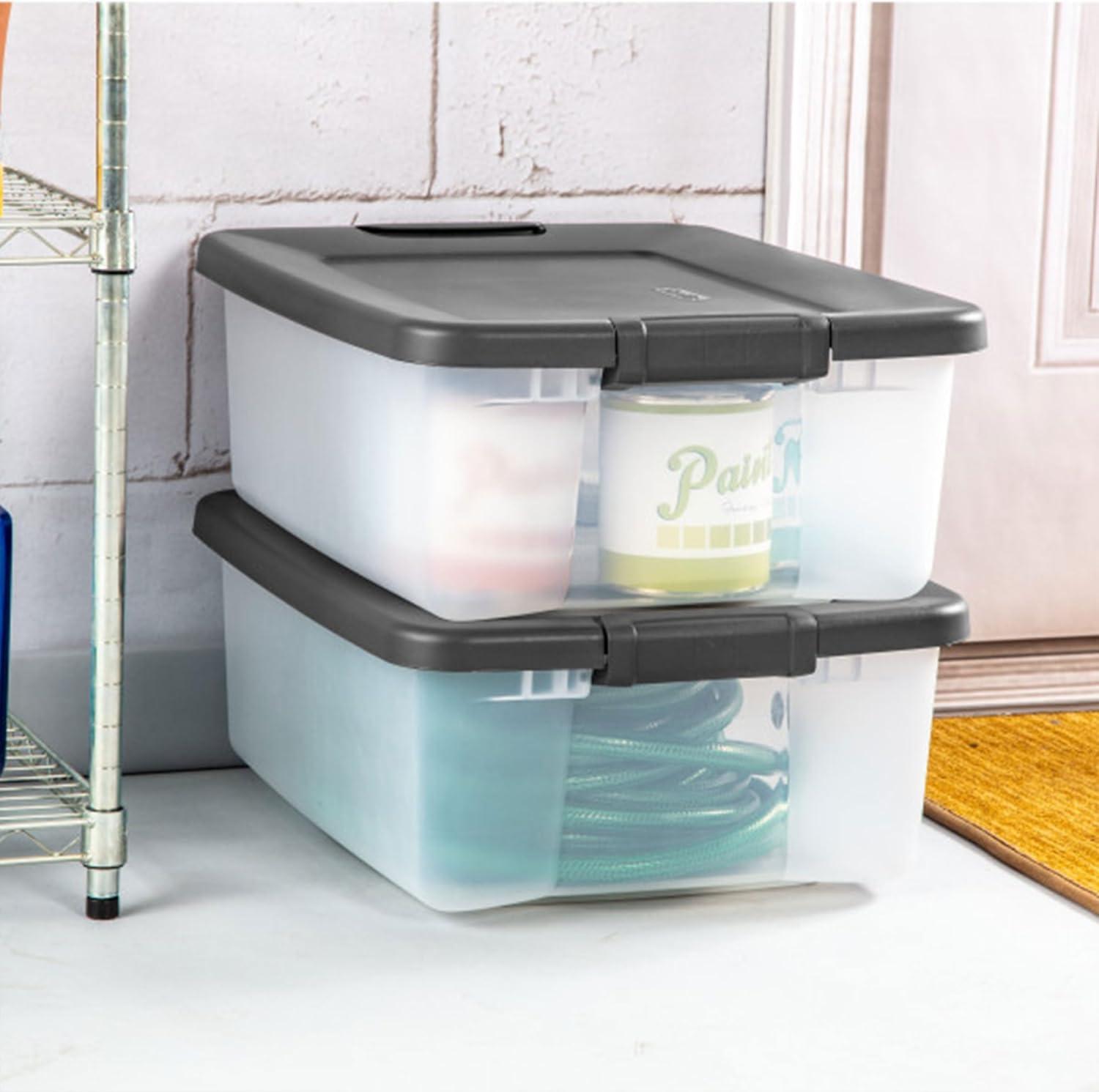 imageSterilite 25 Qt Shelf Tote Driftwood Lid Clear Base wPlatinum Latches36 Pack