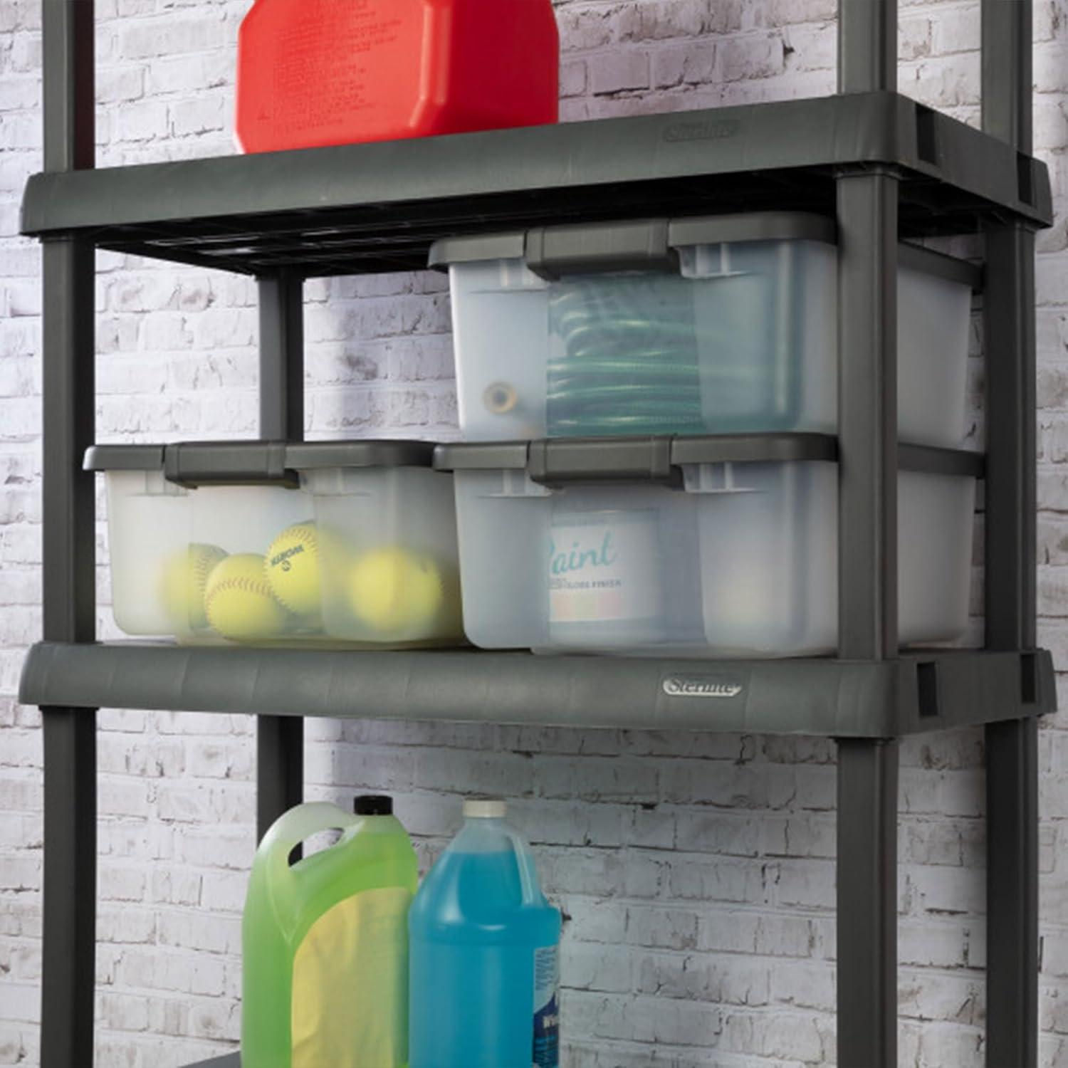 imageSterilite 25 Qt Shelf Tote Driftwood Lid Clear Base wPlatinum Latches36 Pack