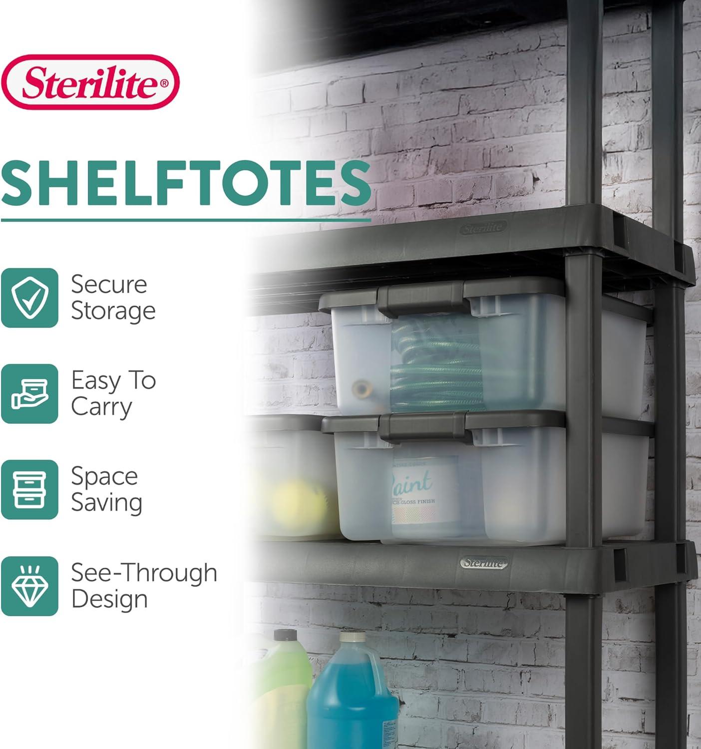 imageSterilite 25 Qt Shelf Tote Driftwood Lid Clear Base wPlatinum Latches36 Pack