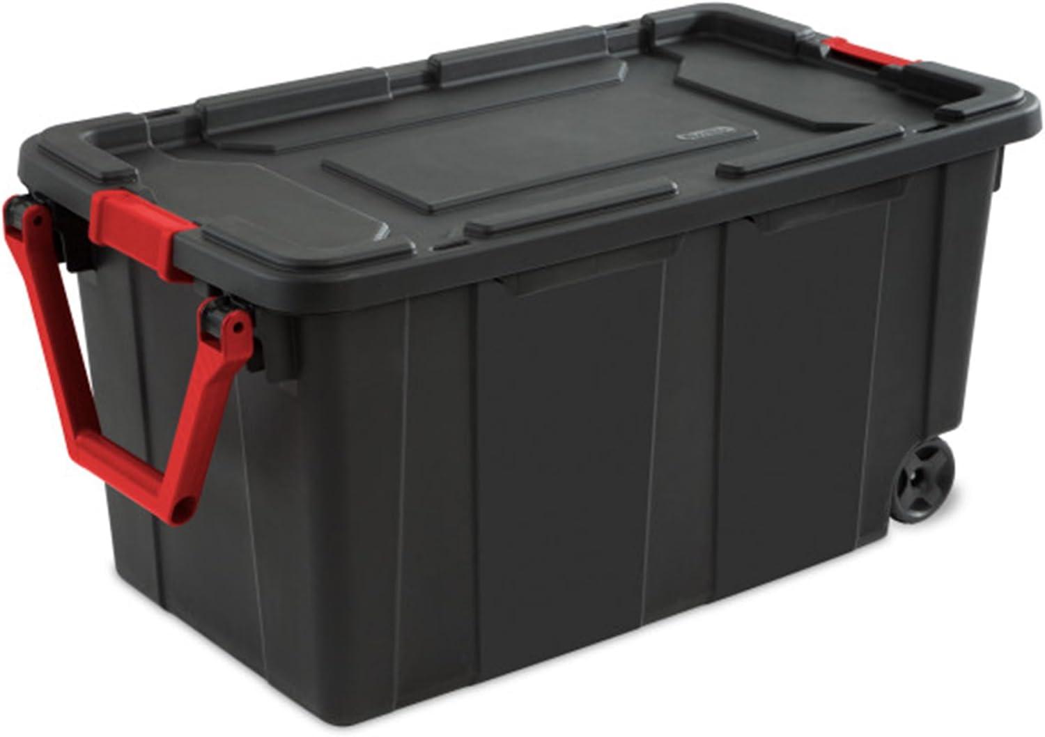 imageSterilite 2Pack Industrial Tote HeavyDuty Storage Bins w Lids and Wheels 40 Gallon Stackable Organizing Containers for Home Garage Office and BasementBlack