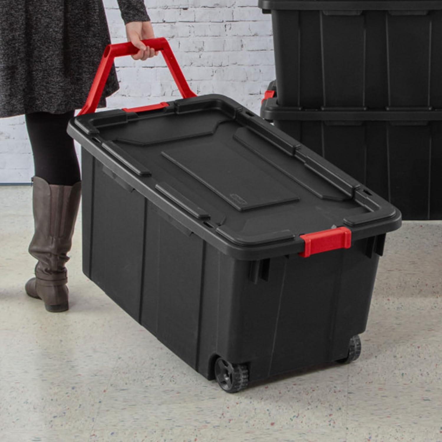 imageSterilite 2Pack Industrial Tote HeavyDuty Storage Bins w Lids and Wheels 40 Gallon Stackable Organizing Containers for Home Garage Office and BasementBlack