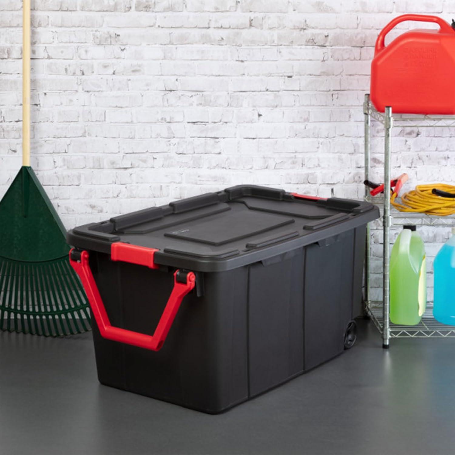 imageSterilite 2Pack Industrial Tote HeavyDuty Storage Bins w Lids and Wheels 40 Gallon Stackable Organizing Containers for Home Garage Office and BasementBlack