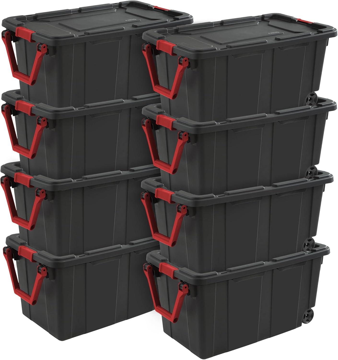 imageSterilite 2Pack Industrial Tote HeavyDuty Storage Bins w Lids and Wheels 40 Gallon Stackable Organizing Containers for Home Garage Office and BasementBlack