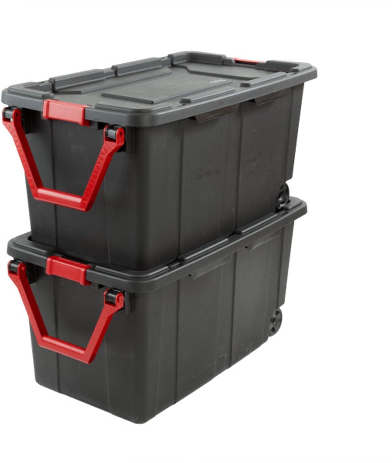 imageSterilite 2Pack Industrial Tote HeavyDuty Storage Bins w Lids and Wheels 40 Gallon Stackable Organizing Containers for Home Garage Office and BasementBlack