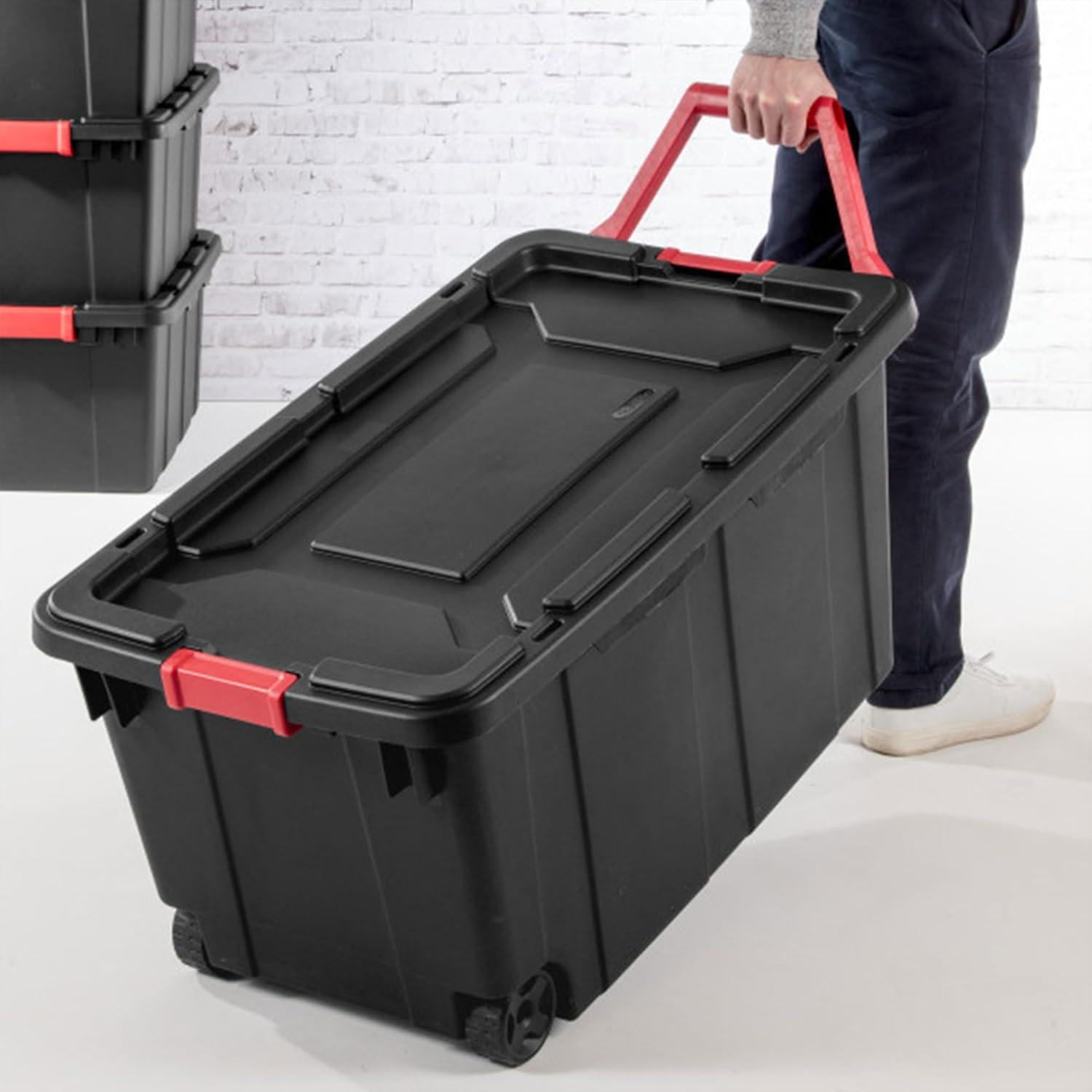 imageSterilite 2Pack Industrial Tote HeavyDuty Storage Bins w Lids and Wheels 40 Gallon Stackable Organizing Containers for Home Garage Office and BasementBlack