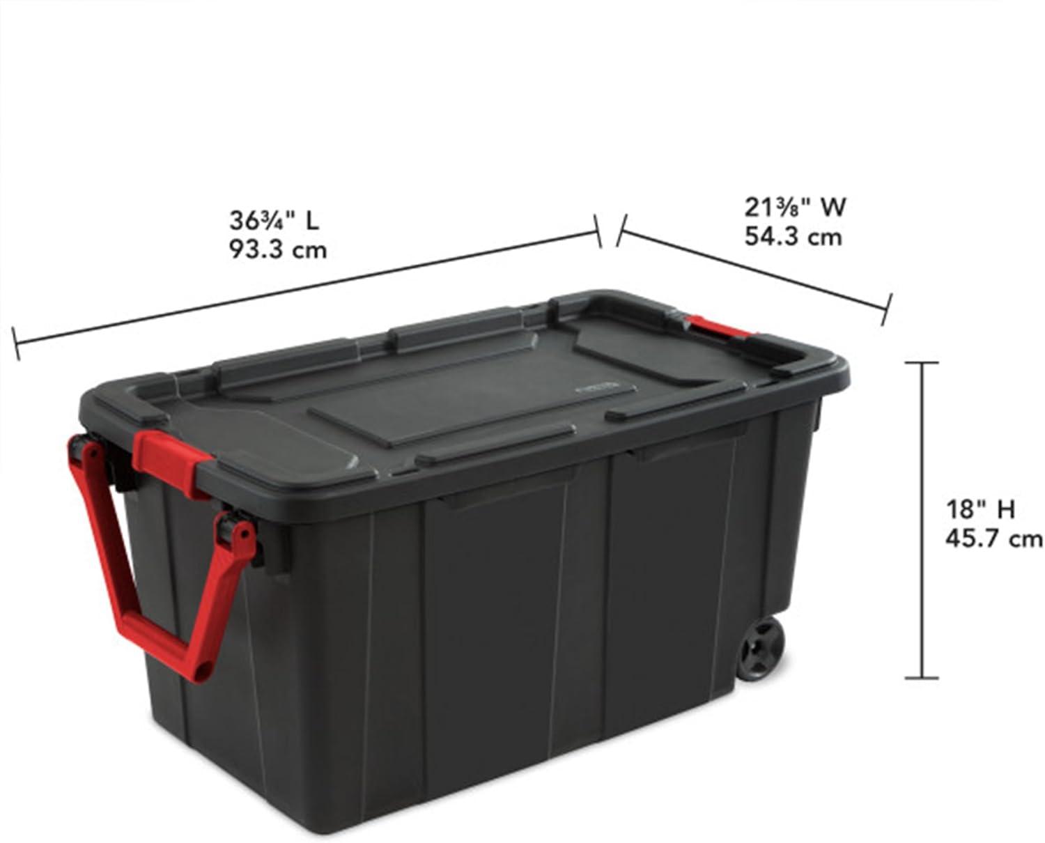 imageSterilite 2Pack Industrial Tote HeavyDuty Storage Bins w Lids and Wheels 40 Gallon Stackable Organizing Containers for Home Garage Office and BasementBlack