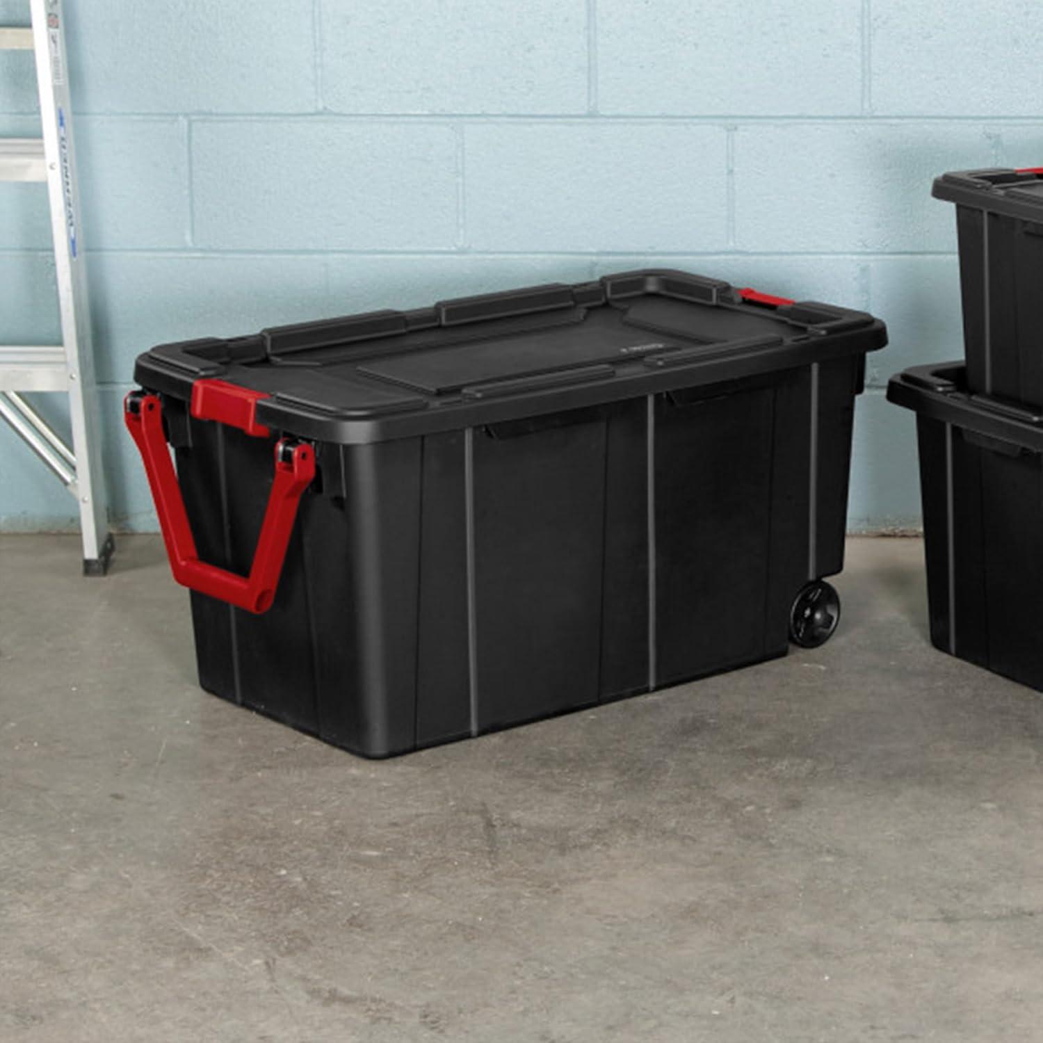 imageSterilite 2Pack Industrial Tote HeavyDuty Storage Bins w Lids and Wheels 40 Gallon Stackable Organizing Containers for Home Garage Office and BasementBlack