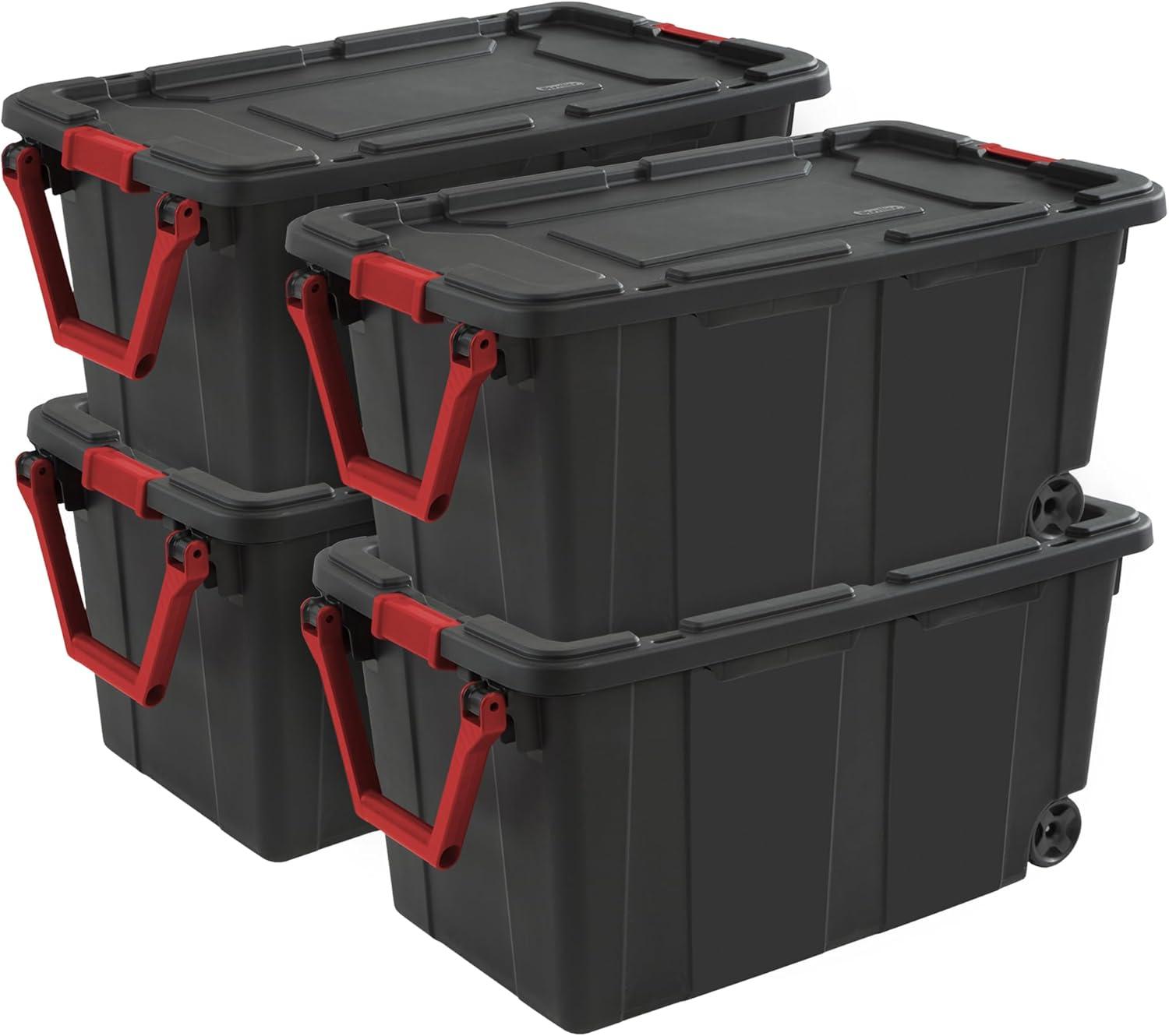 imageSterilite 2Pack Industrial Tote HeavyDuty Storage Bins w Lids and Wheels 40 Gallon Stackable Organizing Containers for Home Garage Office and BasementBlack