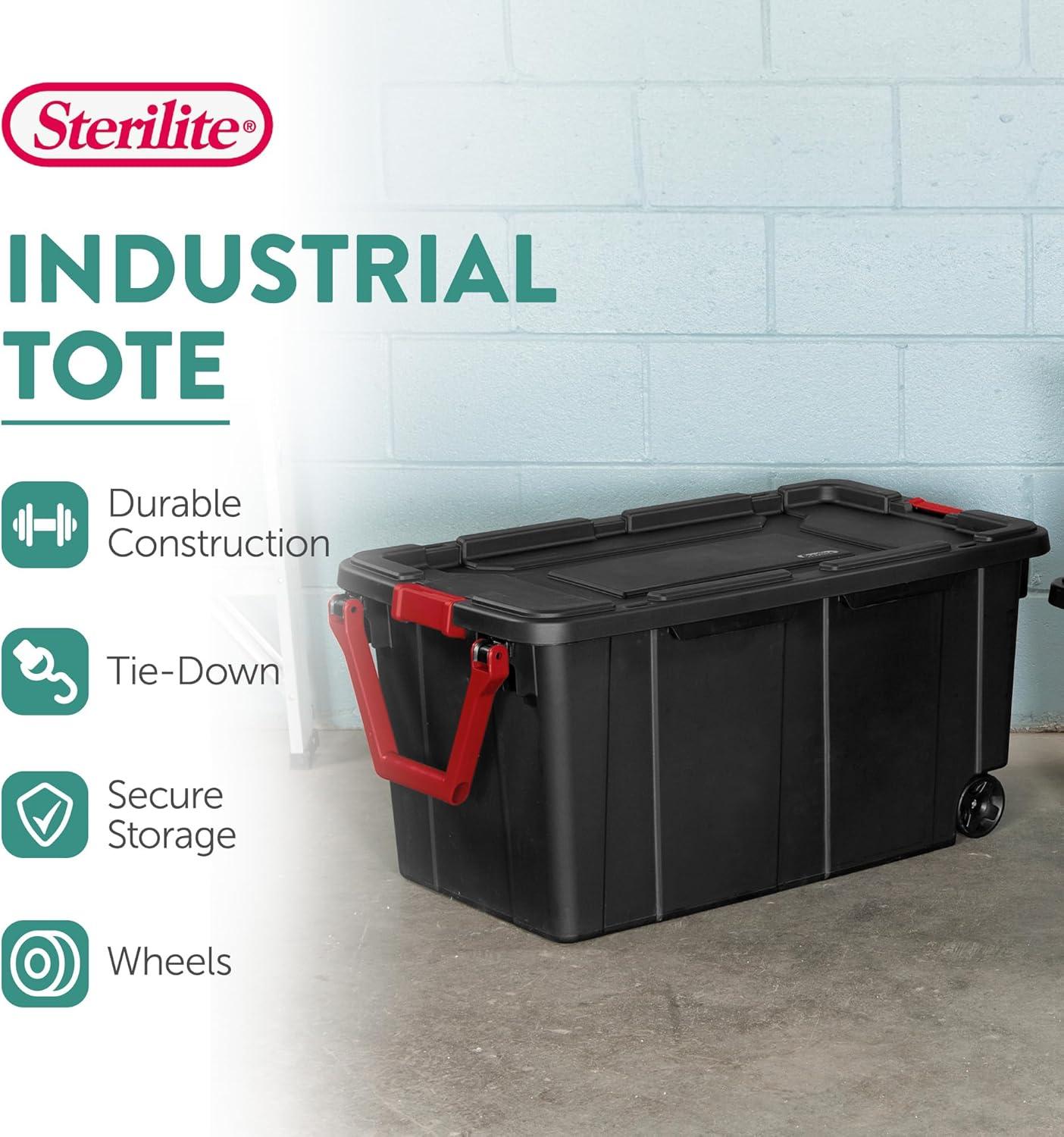 imageSterilite 2Pack Industrial Tote HeavyDuty Storage Bins w Lids and Wheels 40 Gallon Stackable Organizing Containers for Home Garage Office and BasementBlack