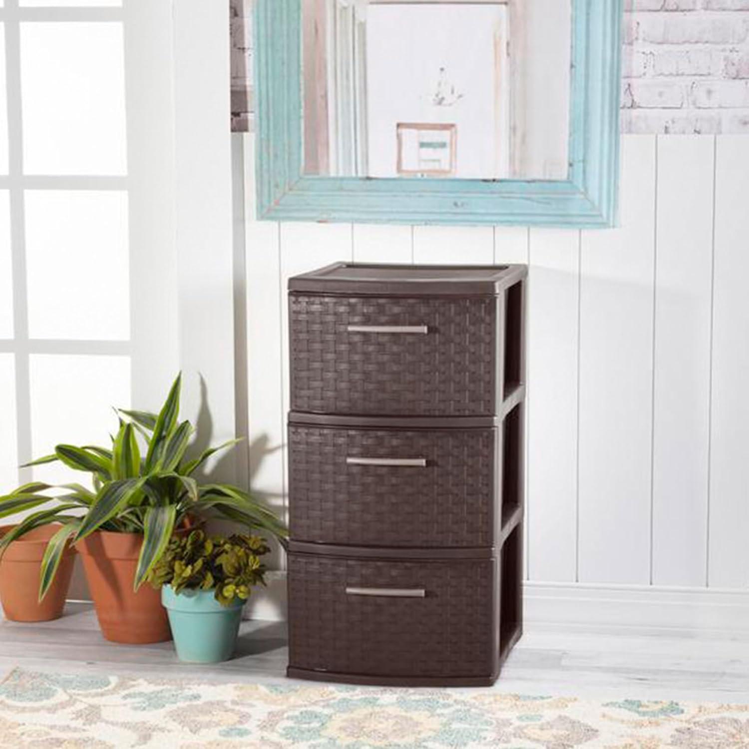 imageSterilite 3 Drawer Plastic Wicker Weave Decorative Storage Organization Container Cabinet Tower with Driftwood Handles Espresso 2 Pack