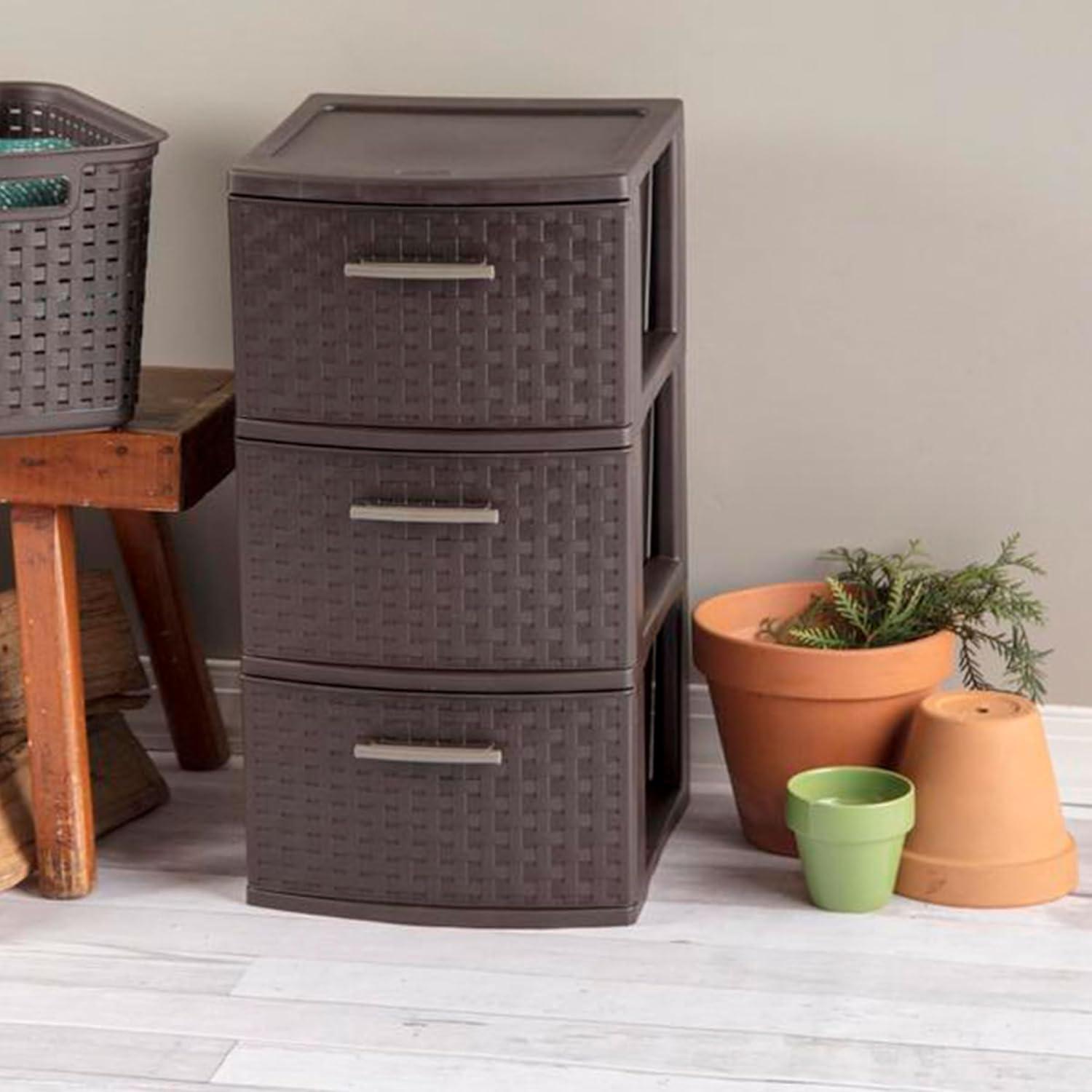 imageSterilite 3 Drawer Storage Tower Plastic Decorative Weave Organizer Drawers for Dorm Closet Bedroom or Craft Room Organization 4 Pack Espresso