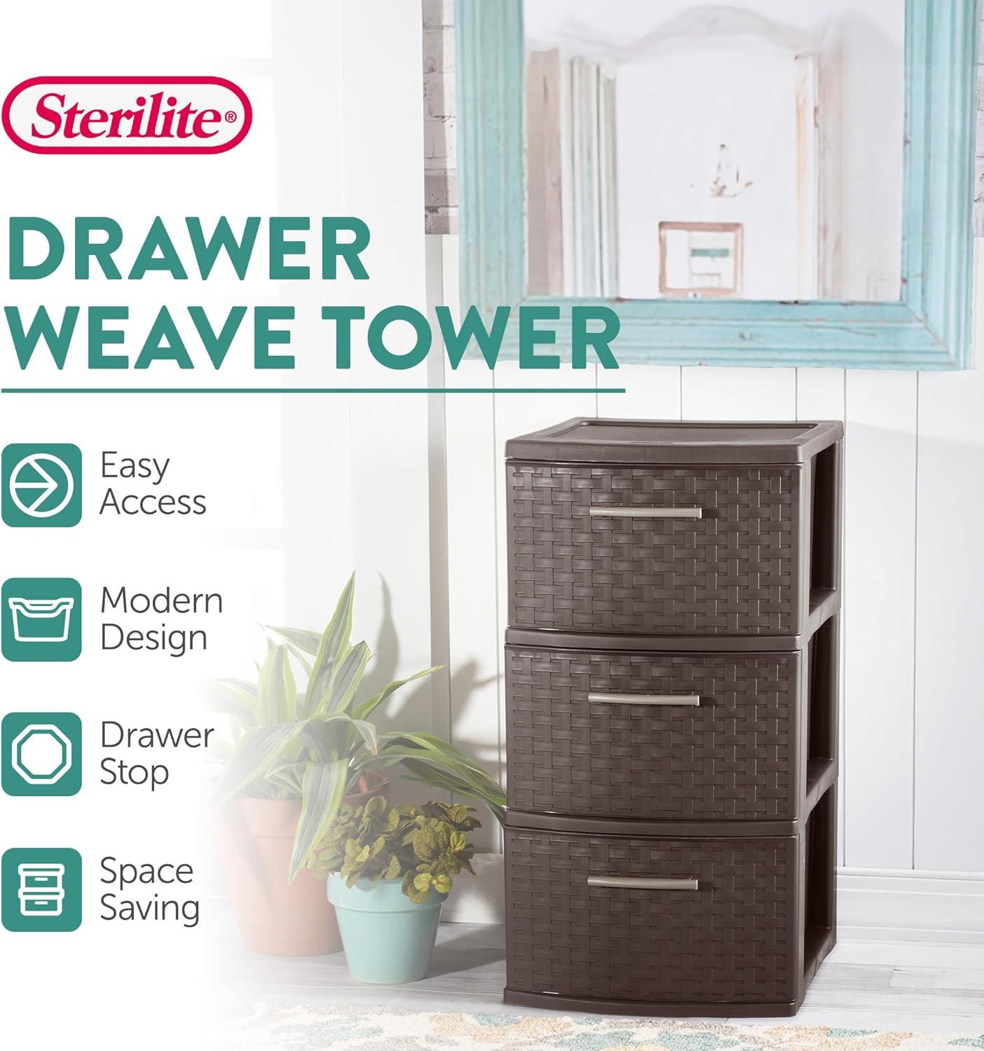 imageSterilite 3 Drawer Storage Tower Plastic Decorative Weave Organizer Drawers for Dorm Closet Bedroom or Craft Room Organization 8 Pack Espresso