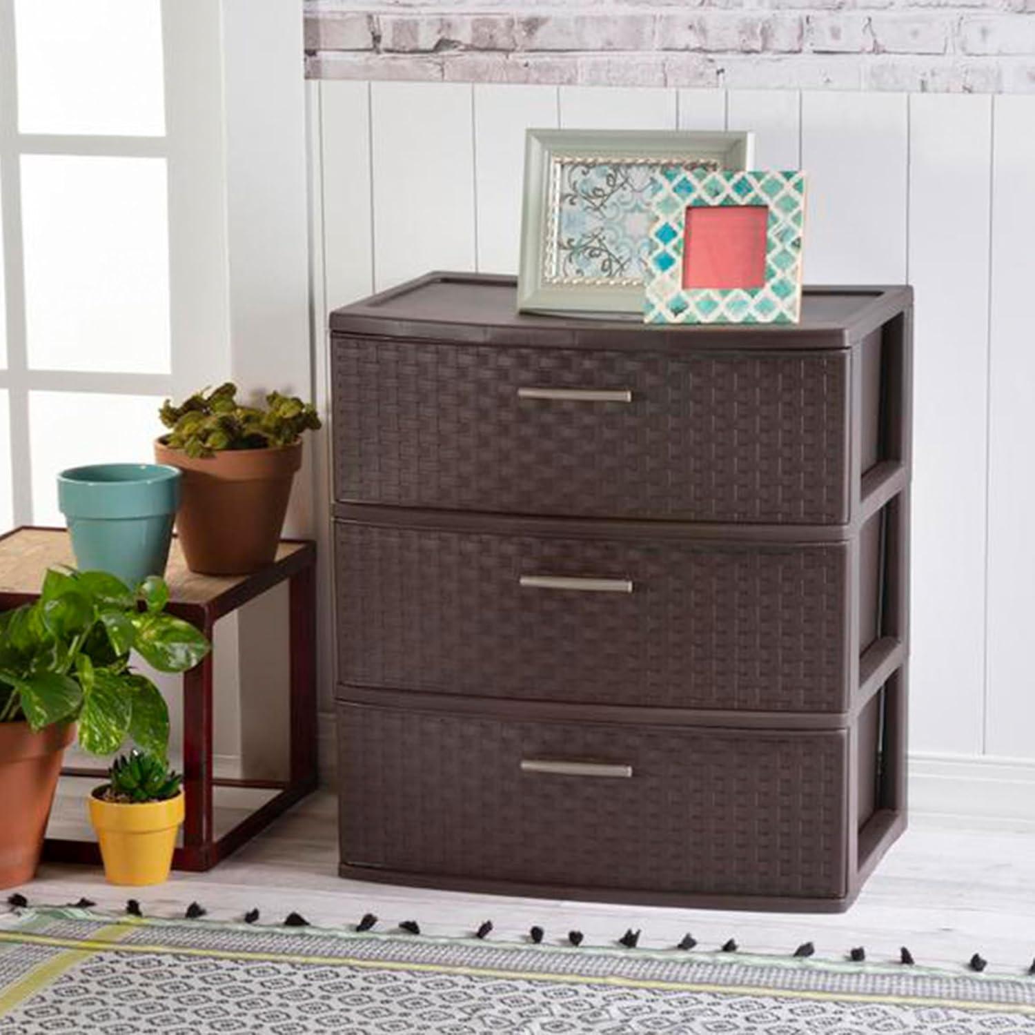 imageSterilite 3 Drawer Wide Weave Storage Tower Plastic Decorative Drawers to Organize Clothes in Bedroom Closet Brown with Brown Drawers 1Pack1 Pack