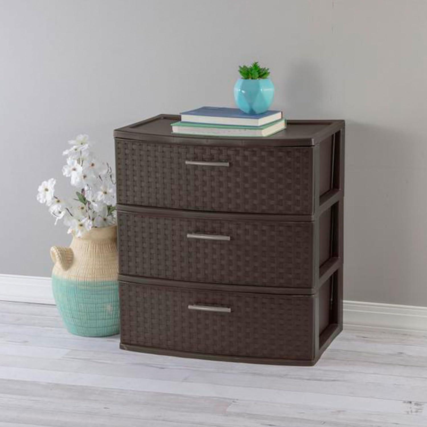 imageSterilite 3 Drawer Wide Weave Storage Tower Plastic Decorative Drawers to Organize Clothes in Bedroom Closet Brown with Brown Drawers 1Pack1 Pack