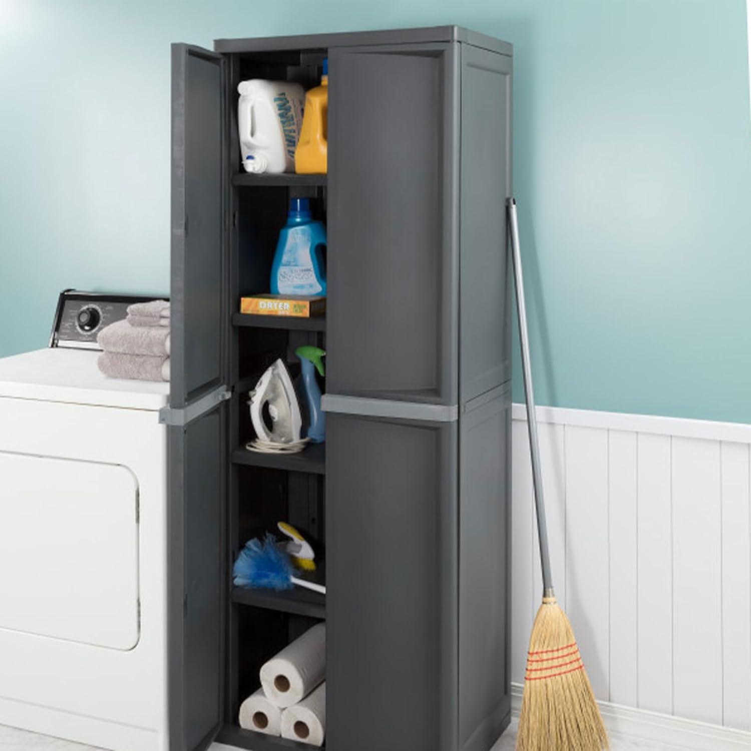 imageSterilite 4 Shelf Cabinet Lockable Utility Storage w Adjustable Shelves Gray Plastic Shelving Unit for Organizing Garage Pantry Basement Laundry Room or Mudroom2