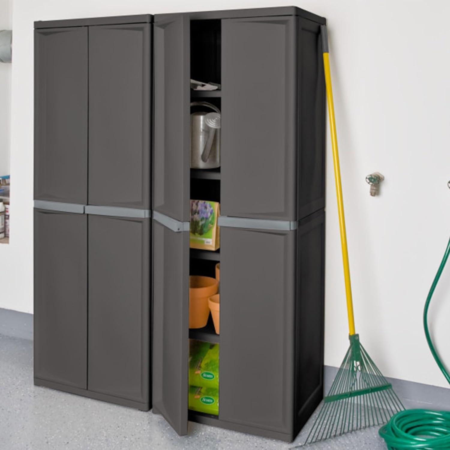 imageSterilite 4 Shelf Cabinet Lockable Utility Storage w Adjustable Shelves Gray Plastic Shelving Unit for Organizing Garage Pantry Basement Laundry Room or Mudroom2