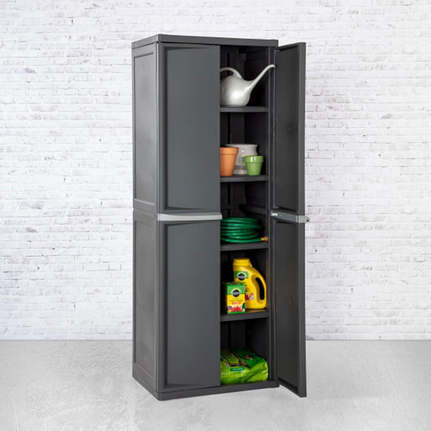 imageSterilite 4 Shelf Cabinet Lockable Utility Storage w Adjustable Shelves Gray Plastic Shelving Unit for Organizing Garage Pantry Basement Laundry Room or Mudroom2