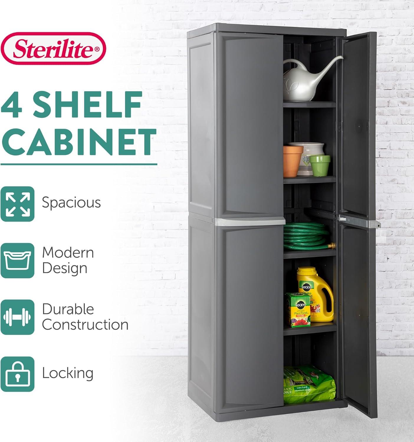 imageSterilite 4 Shelf Cabinet Lockable Utility Storage w Adjustable Shelves Gray Plastic Shelving Unit for Organizing Garage Pantry Basement Laundry Room or Mudroom1