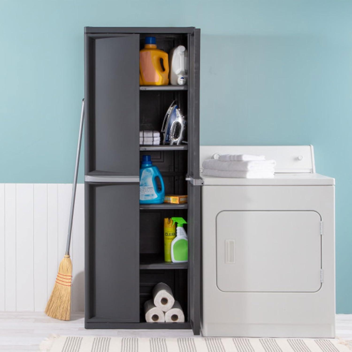 imageSterilite 4 Shelf Cabinet Lockable Utility Storage w Adjustable Shelves Gray Plastic Shelving Unit for Organizing Garage Pantry Basement Laundry Room or Mudroom2