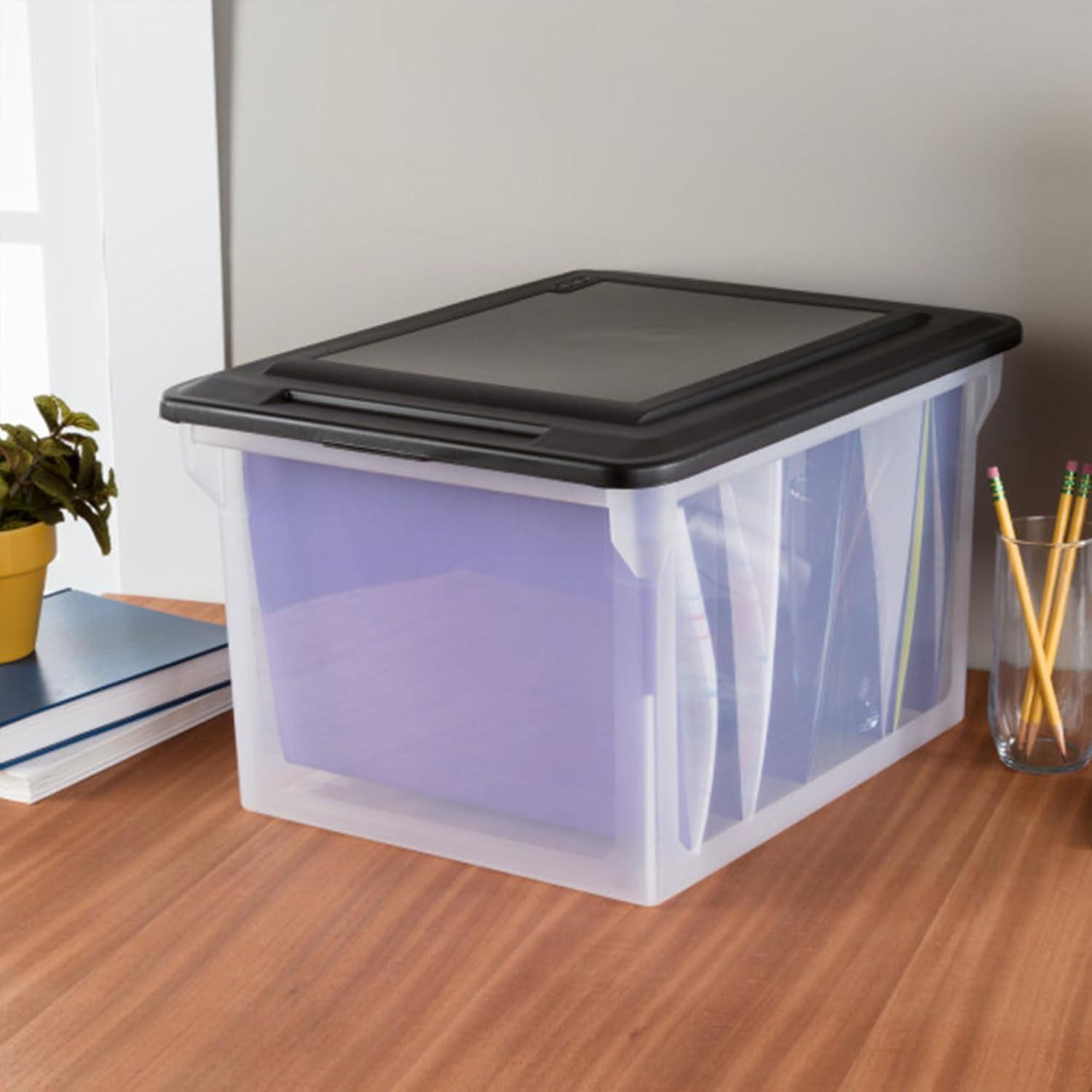 imageSterilite 4Pack File Box Clear Storage Tote with Black Lid for Letter amp Legal Hanging Folders Stackable Plastic Document and Paper Organizer for Home Office and Dorm Organization12 Pack