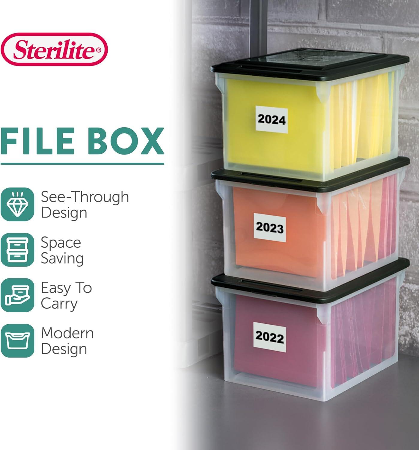imageSterilite 4Pack File Box Clear Storage Tote with Black Lid for Letter amp Legal Hanging Folders Stackable Plastic Document and Paper Organizer for Home Office and Dorm Organization8 Pack