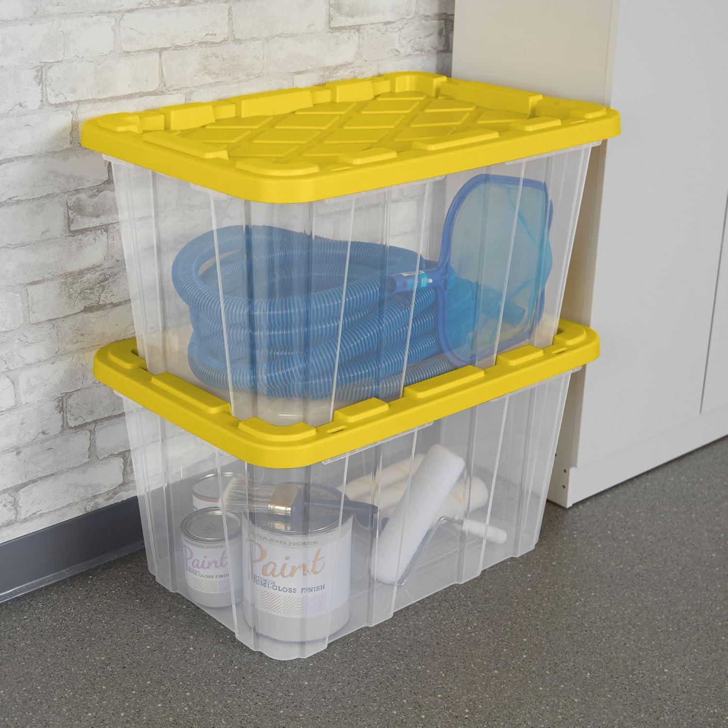 imageSterilite 4Pack Industrial Storage Box Plastic Container Bins wLids 27 Gallon Yellow HeavyDuty Organizing Containers for Closet Bathroom and Office8 Pack