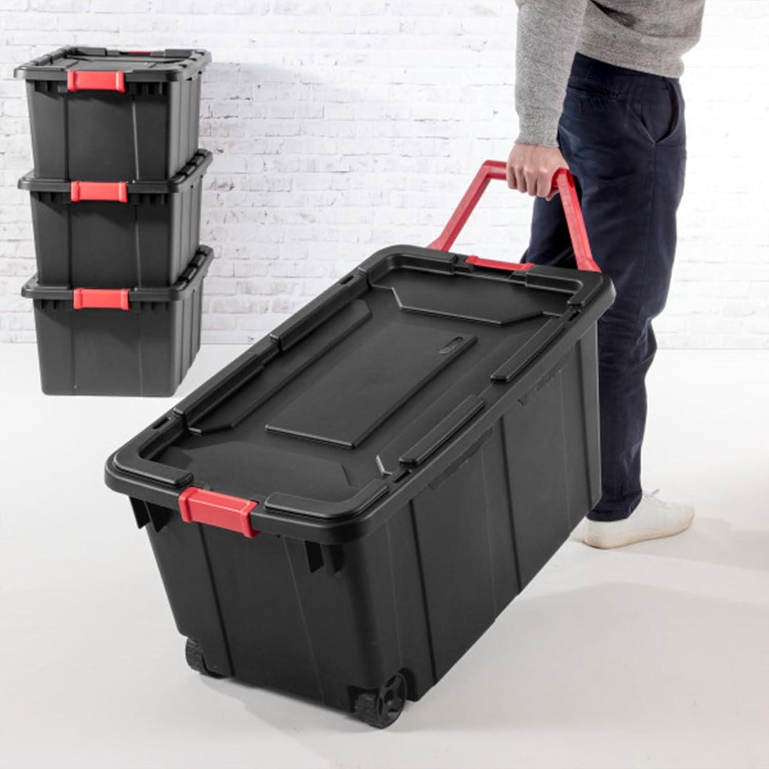 imageSterilite 4Pack Industrial Tote Plastic Storage Bins with Lids 27 Gallon Black HeavyDuty Organizing Containers for Closet Bathroom and Office15 Gallon