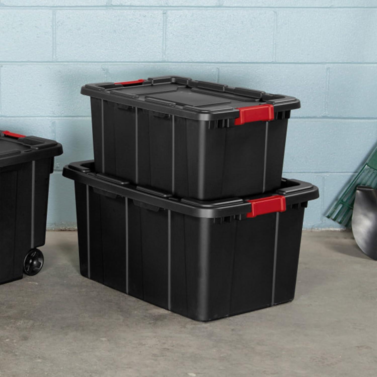imageSterilite 4Pack Industrial Tote Plastic Storage Bins with Lids 27 Gallon Black HeavyDuty Organizing Containers for Closet Bathroom and Office15 Gallon