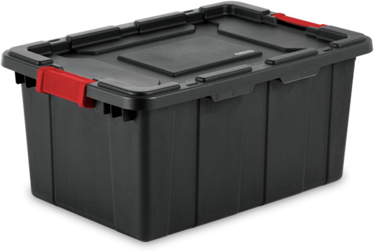 imageSterilite 4Pack Industrial Tote Plastic Storage Bins with Lids 27 Gallon Black HeavyDuty Organizing Containers for Closet Bathroom and Office15 Gallon