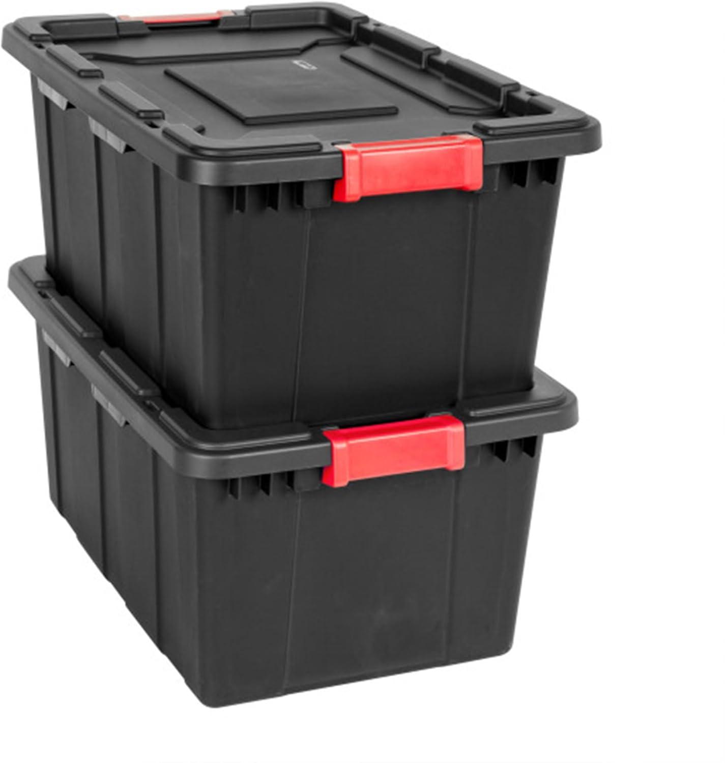 imageSterilite 4Pack Industrial Tote Plastic Storage Bins with Lids 27 Gallon Black HeavyDuty Organizing Containers for Closet Bathroom and Office15 Gallon