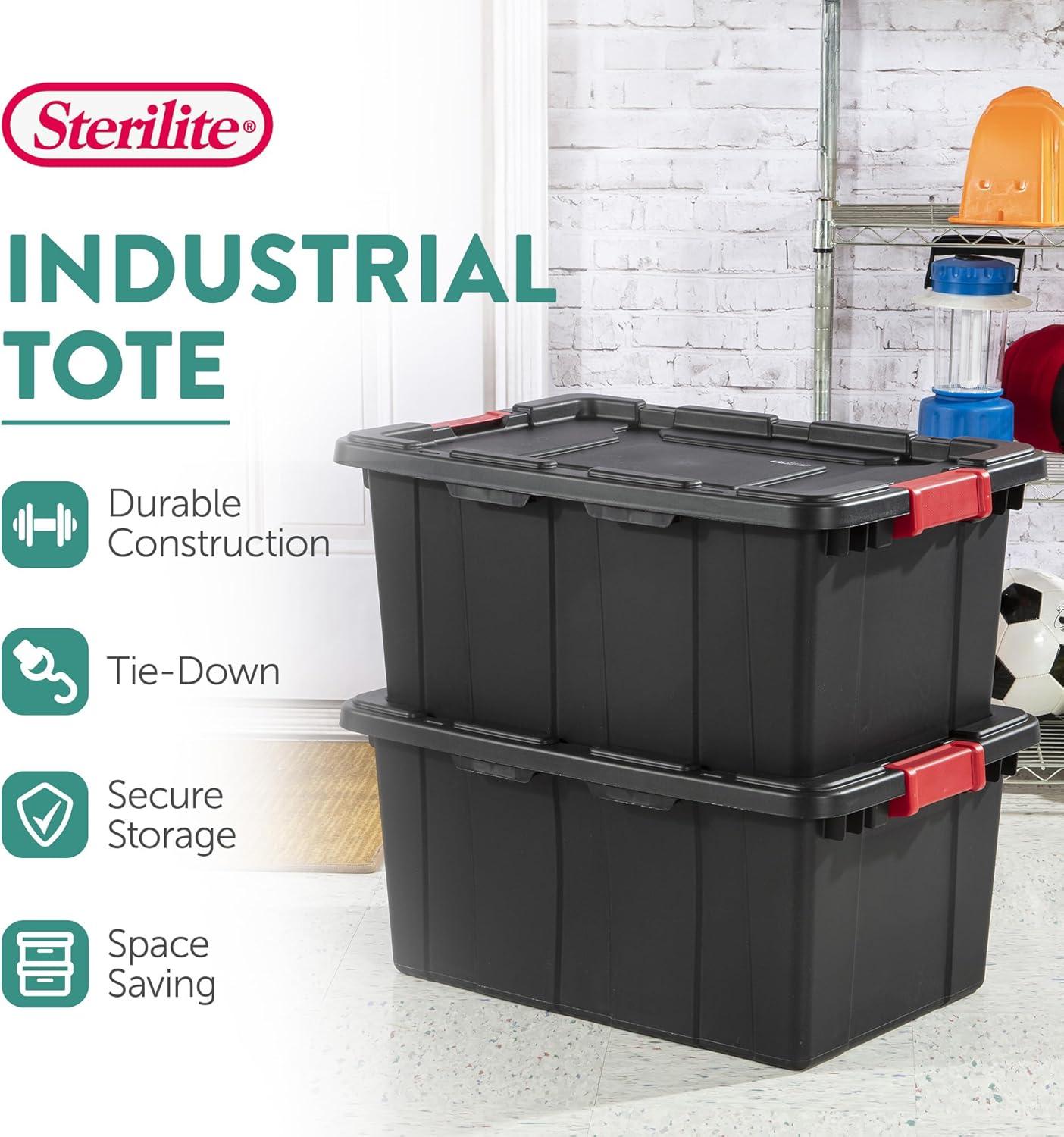 imageSterilite 4Pack Industrial Tote Plastic Storage Bins with Lids 27 Gallon Black HeavyDuty Organizing Containers for Closet Bathroom and Office15 Gallon