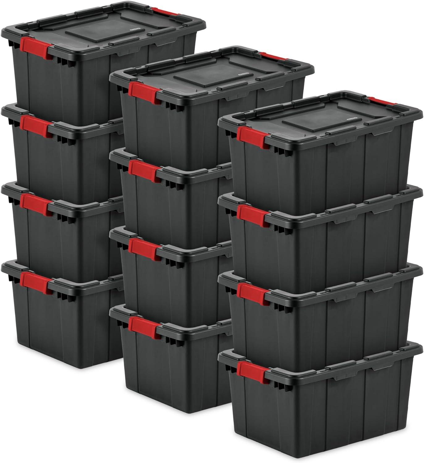 imageSterilite 4Pack Industrial Tote Plastic Storage Bins with Lids 27 Gallon Black HeavyDuty Organizing Containers for Closet Bathroom and Office15 Gallon