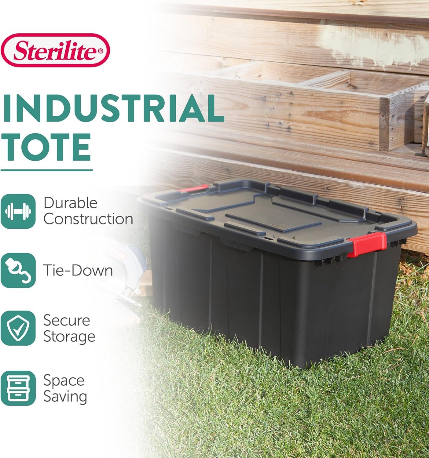 imageSterilite 4Pack Industrial Tote Plastic Storage Bins with Lids 27 Gallon Black HeavyDuty Organizing Containers for Closet Bathroom and Office27 Gallon