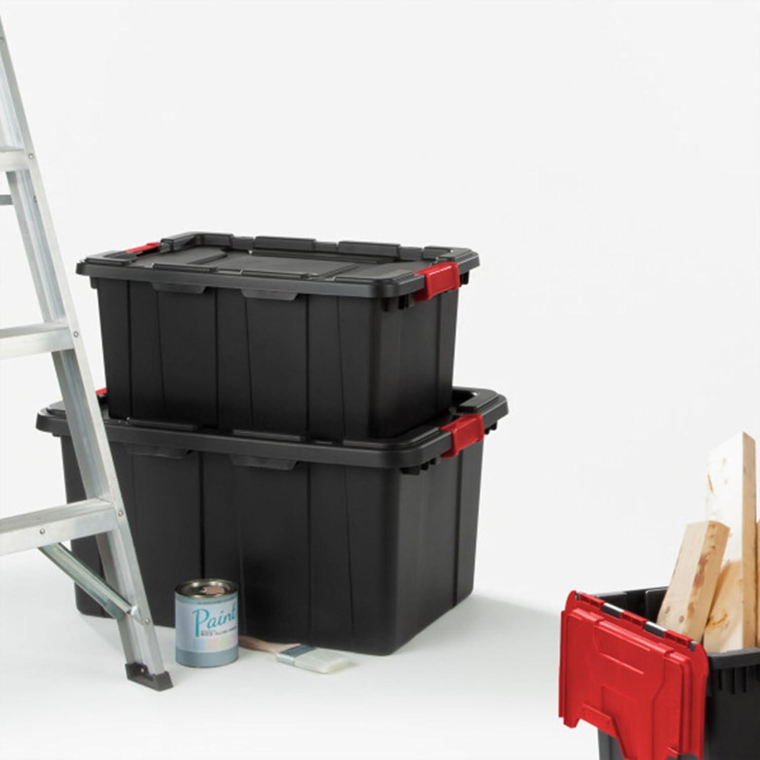 imageSterilite 4Pack Industrial Tote Plastic Storage Bins with Lids 27 Gallon Black HeavyDuty Organizing Containers for Closet Bathroom and Office27 Gallon