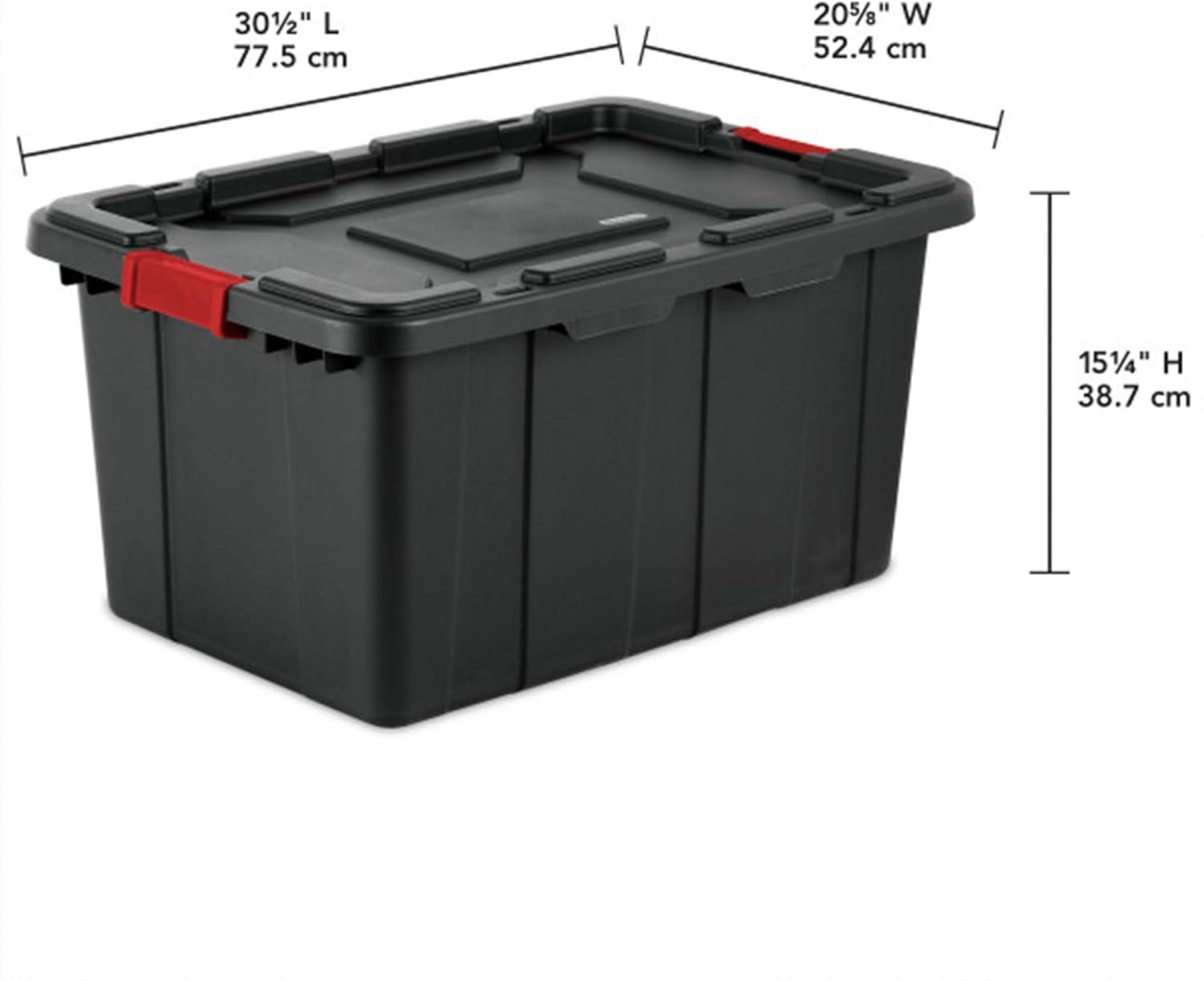imageSterilite 4Pack Industrial Tote Plastic Storage Bins with Lids 27 Gallon Black HeavyDuty Organizing Containers for Closet Bathroom and Office27 Gallon