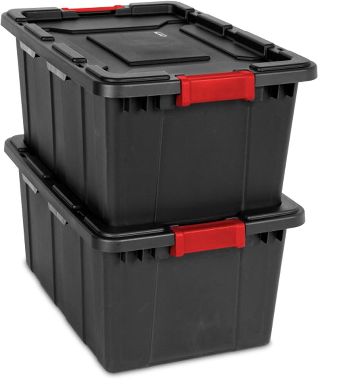 imageSterilite 4Pack Industrial Tote Plastic Storage Bins with Lids 27 Gallon Black HeavyDuty Organizing Containers for Closet Bathroom and Office27 Gallon