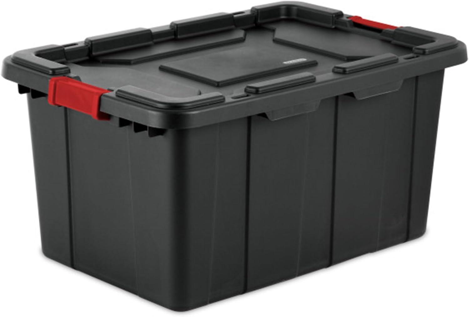 imageSterilite 4Pack Industrial Tote Plastic Storage Bins with Lids 27 Gallon Black HeavyDuty Organizing Containers for Closet Bathroom and Office27 Gallon